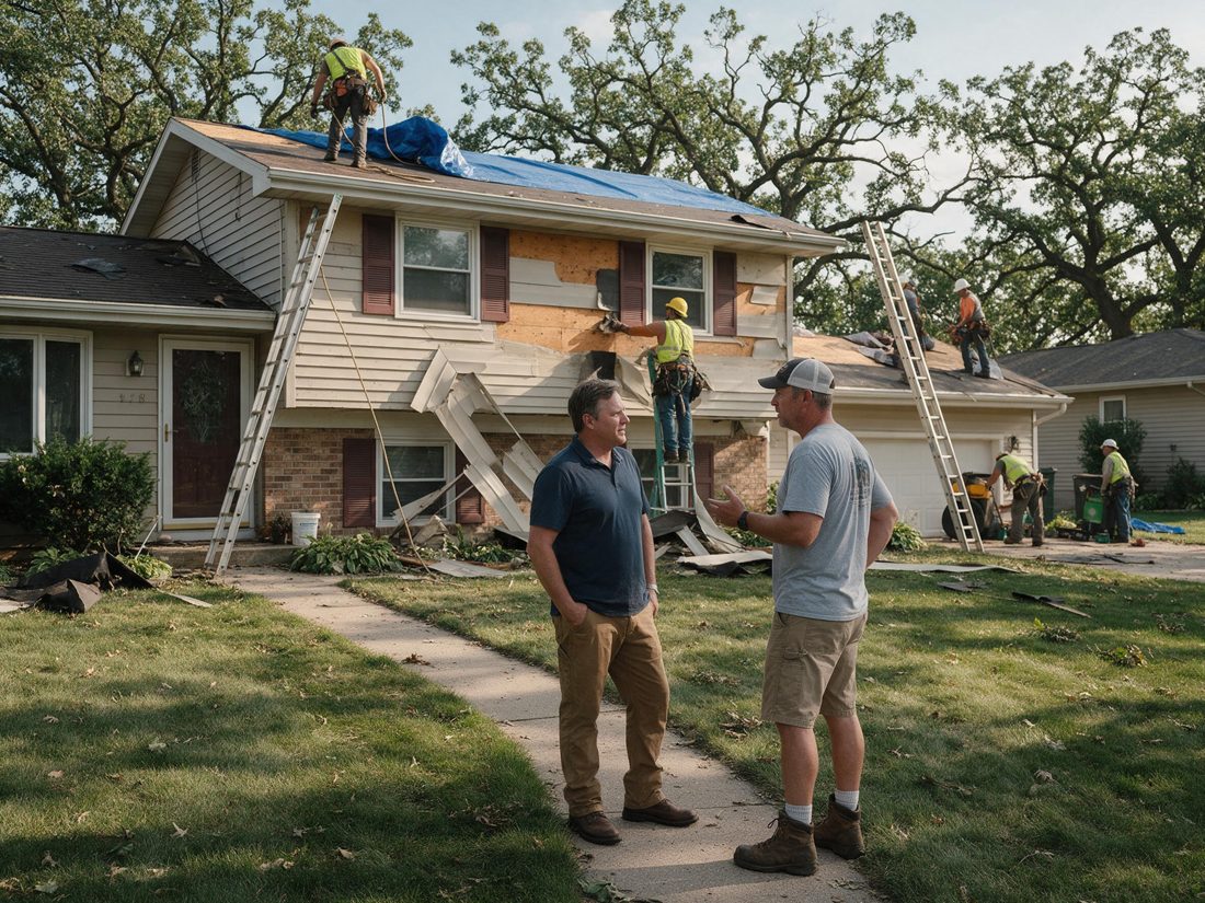 Two men talking on a front walk while a crew on ladders and the roof works on a split-level house with a blue tarp, in Marion, IA