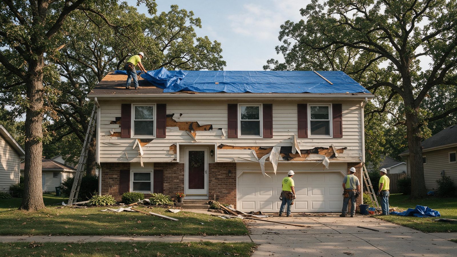 Two-story house with a blue tarp on the roof and torn siding, with workers on the roof, a ladder and the front yard, in Marion, IA