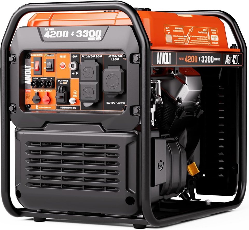 An orange and black AIVOLT open-frame inverter generator in a black tube frame, printed 4200 peak and 3300 running watts, with outlets and switches on the front panel, for storm prep in Marion, IA