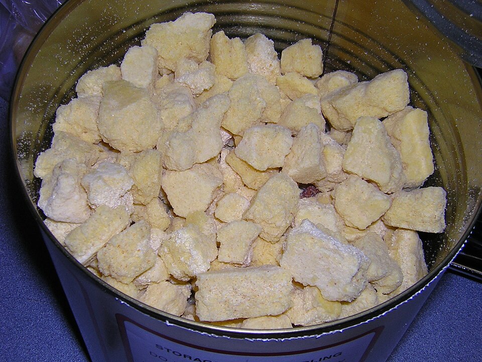 An open can of freeze-dried scrambled egg pieces, for storm prep in Marion, IA