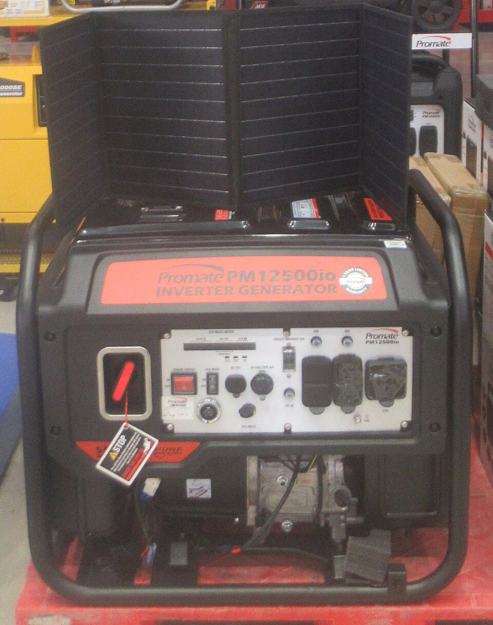 A red and black open-frame gasoline inverter generator inside a black tube frame, for storm prep in Marion, IA