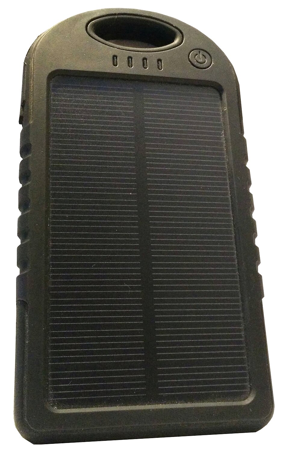 A dark green handheld power bank with a solar panel on its face, for storm prep in Marion, IA